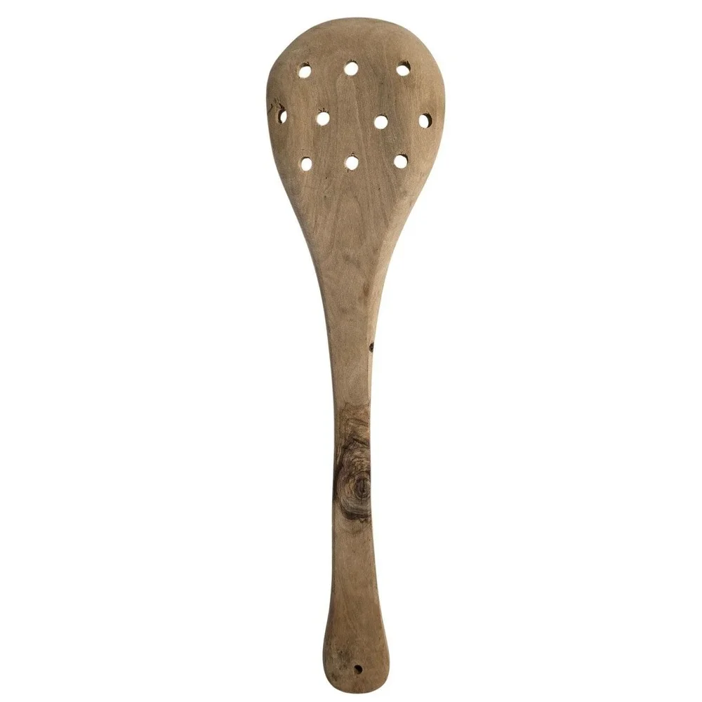 Handcrafted Olive Wood Slotted Spoon Rustic Wooden Kitchen Strainer Utensil 12in